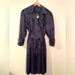 Vintage Sterling Bay Metallic Navy Belted Rain Trench Coat, Size 10P